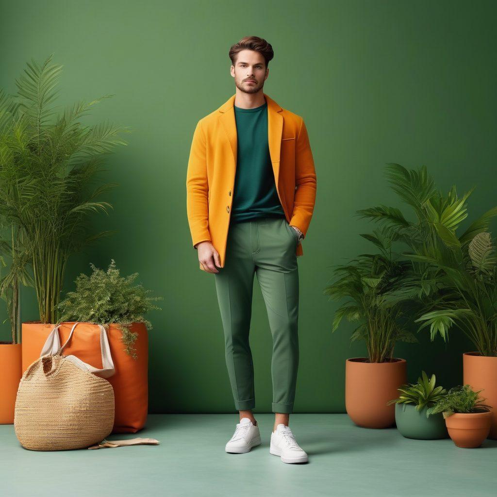 A stylish man in a modern urban setting, showcasing a blend of fashionable clothing items that promote comfort and well-being. Incorporate elements like sustainable fabrics, cozy textures, and a trendy accessory, while the background features greenery and wellness symbols. The scene should evoke a sense of relaxation and confidence in fashion. super-realistic. vibrant colors. minimalist background.