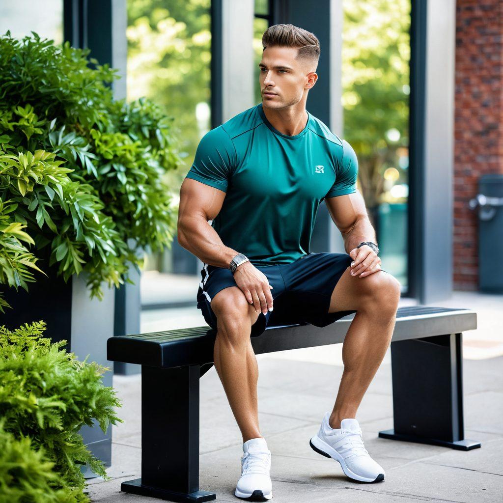 A dynamic scene showcasing a stylish man engaged in fitness activities, blending elements of fashion with athletic wear. Incorporate grooming essentials like a sleek razor and skincare products on a nearby bench. Highlight urban vibes with a trendy gym backdrop and vibrant greenery. Infuse a sense of movement and energy in the composition. vibrant colors. super-realistic.