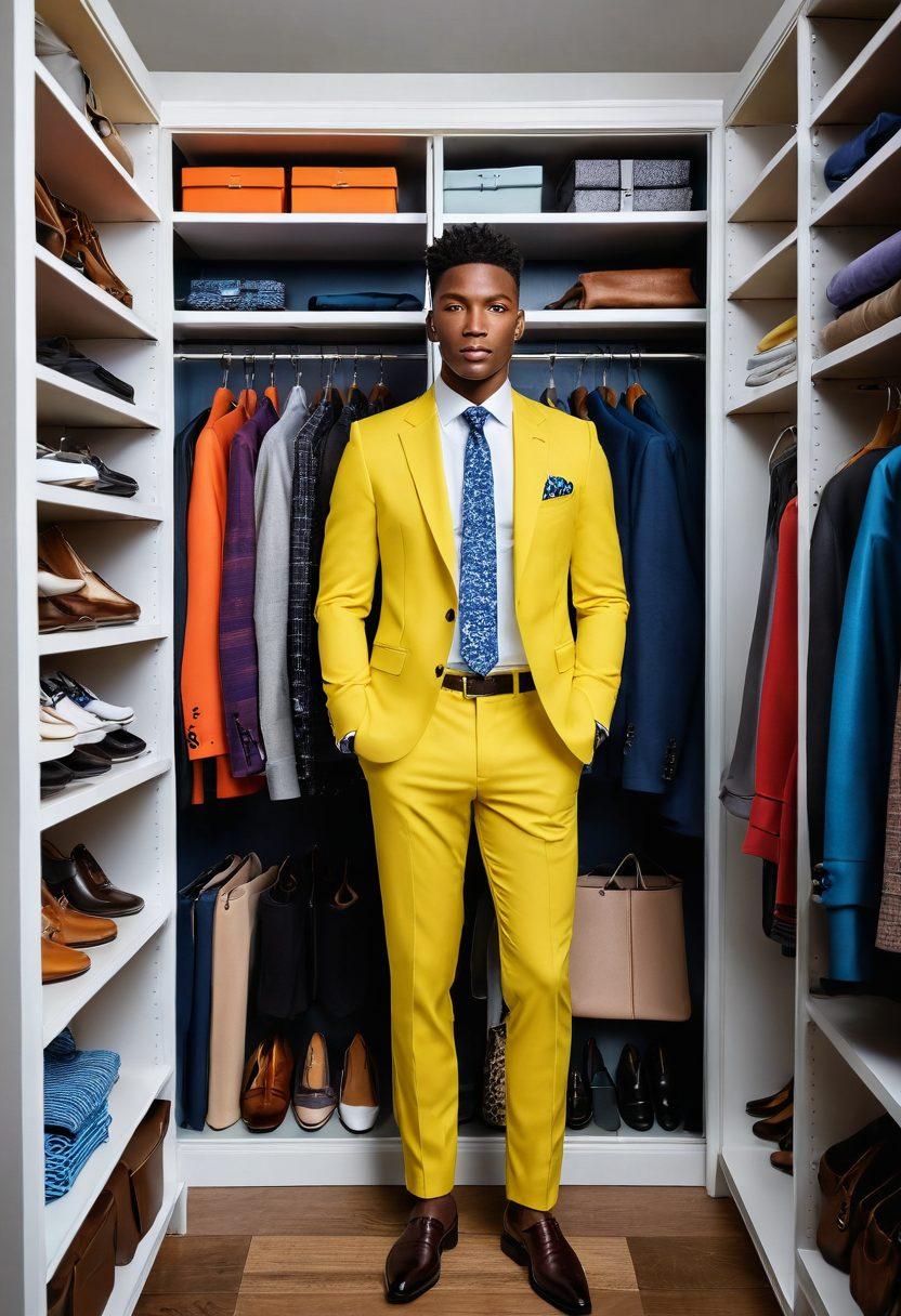 A stylish man confidently dressed in a modern outfit, standing in a well-organized closet filled with diverse clothing options. Surround him with fashion accessories like watches, shoes, and ties, evoking a sense of well-being and self-care. The background showcases a mix of muted and vibrant colors, suggesting a modern style, with natural light illuminating the space. Highlight the man's expression of confidence and elegance. super-realistic. vibrant colors. 3D.
